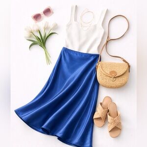 New Anthropologie Conditions Apply Royal Blue Satin Midi Skirt Trumpet Flare